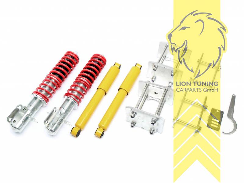 fest, rot, nur Vorderachse Gewinde / inkl. Dämpfer für die Hinterachse, Hinterachse auch verstellbar über Klammern für die Blattfedern, Stahl verzinkt, Eintragungspflichtig / Teilegutachten liegt bei