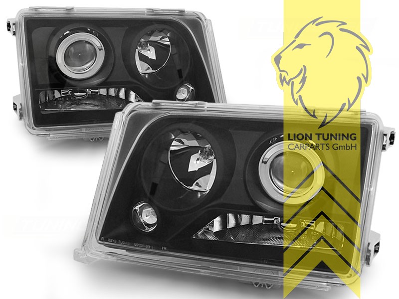 Halogen, schwarz, Abblendlicht H7 / Fernlicht H1 / Nebelscheinwerfer H3, pneumatische Verstellung - wie Original, Eintragungsfrei / mit E-Prüfzeichen