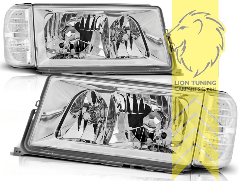 Halogen, chrom, Abblendlicht H3 / Fernlicht H1, Blinkerbirnen BAU15S, pneumatische Verstellung - wie Original, Eintragungsfrei / mit E-Prüfzeichen