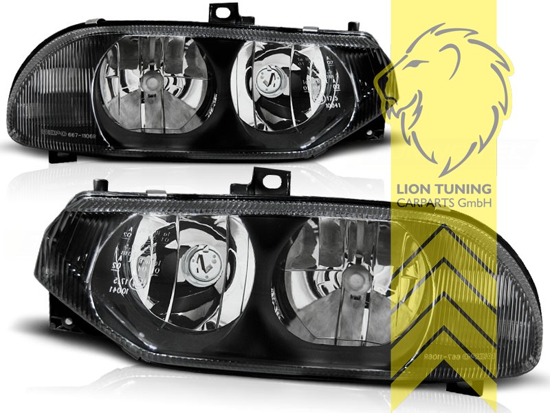 Halogen, schwarz, Abblendlicht H7 / Fernlicht H1, Blinkerbirnen BAU15S, elektrisch verstellbar - Stellmotor wird vom Original übernommen, Eintragungsfrei / mit E-Prüfzeichen