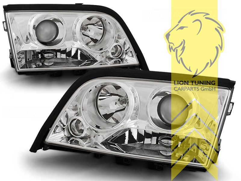 Halogen, chrom, Abblendlicht H7 / Fernlicht H1, elektrisch verstellbar - Stellmotor wird vom Original übernommen, Eintragungsfrei / mit E-Prüfzeichen