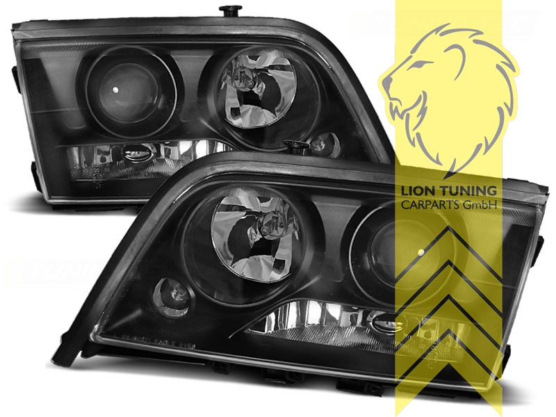 Halogen, schwarz, Abblendlicht H7 / Fernlicht H1, elektrisch verstellbar - Stellmotor wird vom Original übernommen, Eintragungsfrei / mit E-Prüfzeichen