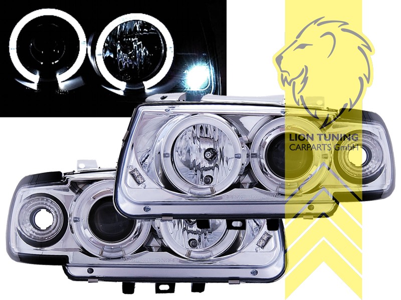 Halogen, chrom, weiß LED, Abblendlicht H1 / Fernlicht H1, Blinkerbirnen BAU15S, manuell verstellbar, Eintragungsfrei / mit E-Prüfzeichen