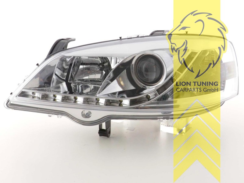 Liontuning - Tuningartikel für Ihr Auto  Lion Tuning Carparts GmbH TFL  Optik Scheinwerfer Opel Astra G LED Tagfahrlicht chrom