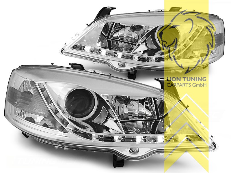 Tuningartikel für Ihr Auto  Lion Tuning Carparts GmbH TFL Optik  Scheinwerfer Opel Astra G LED Tagfahrlicht chrom - Liontuning