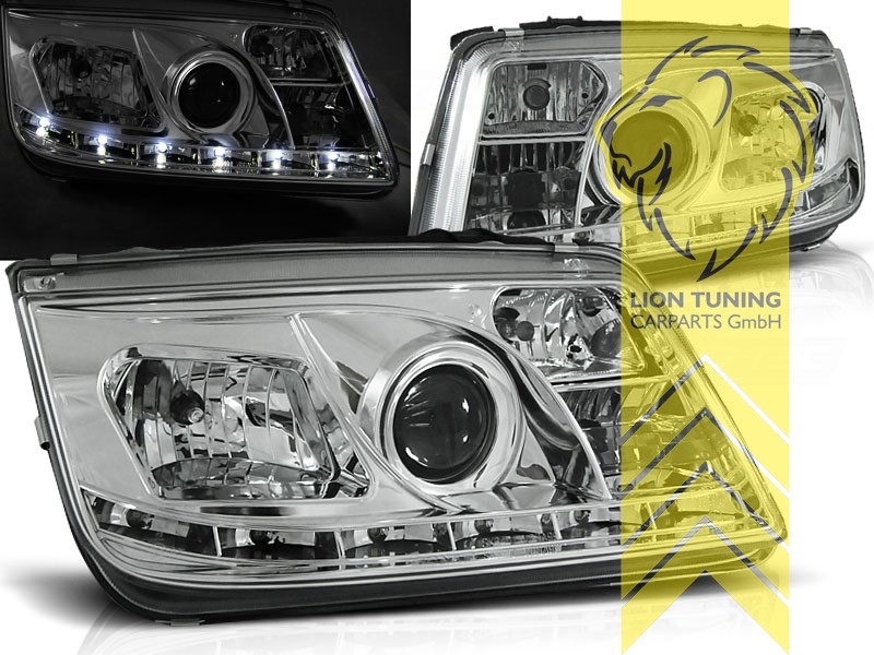 Liontuning - Tuningartikel für Ihr Auto  Lion Tuning Carparts GmbH TFL  Optik Scheinwerfer VW Bora Limousine Variant LED Tagfahrlicht chrom