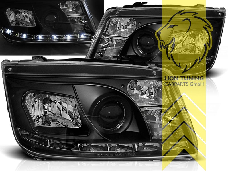 Halogen, schwarz, Abblendlicht H1 / Fernlicht H1 / Nebelscheinwerfer H3, Blinkerbirnen BAU15S, elektrisch verstellbar - Stellmotor wird vom Original übernommen, Eintragungsfrei / mit E-Prüfzeichen