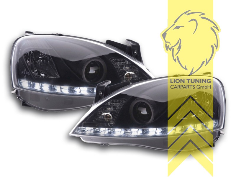 Liontuning - Tuningartikel für Ihr Auto  Lion Tuning Carparts GmbH  Scheinwerfer echtes TFL Opel Corsa C Combo C LED Tagfahrlicht schwarz