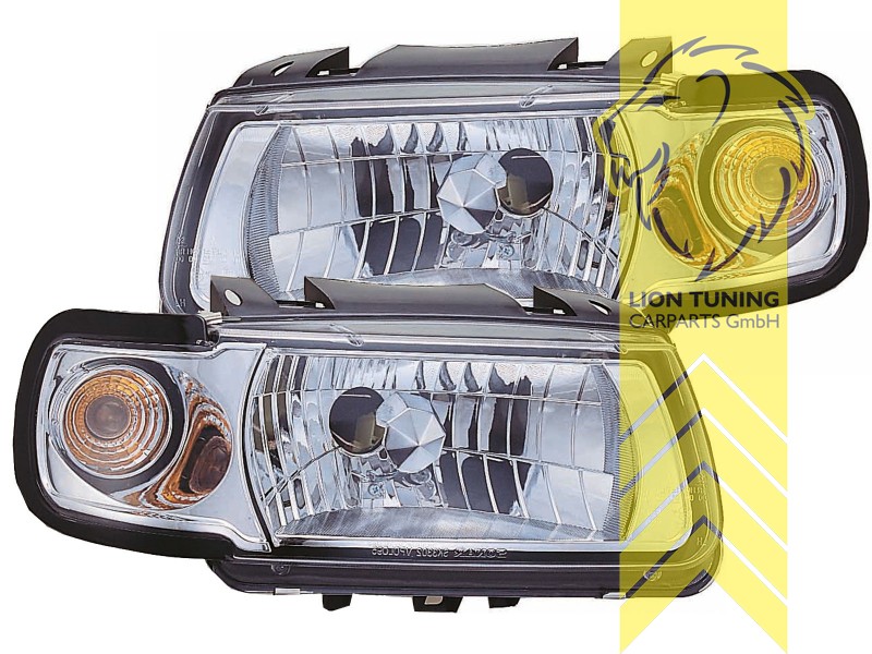 Halogen, chrom, Abblendlicht und Fernlicht H4, Blinkerbirnen BAU15S, manuell verstellbar, Eintragungsfrei / mit E-Prüfzeichen