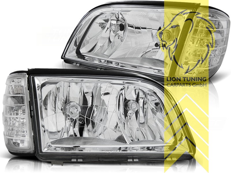 Halogen, chrom, Abblendlicht H7 / Fernlicht H1, Blinkerbirnen BAU15S, pneumatische Verstellung - wie Original, Eintragungsfrei / mit E-Prüfzeichen