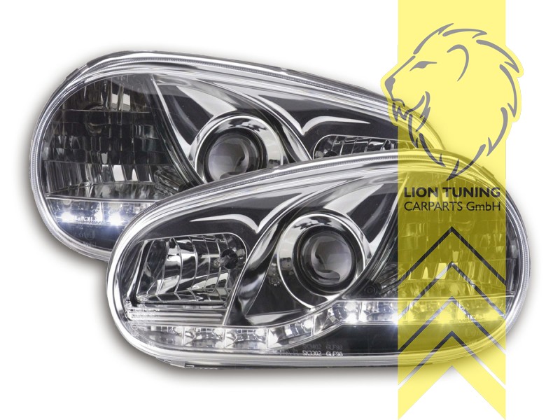 Liontuning - Tuningartikel für Ihr Auto  Lion Tuning Carparts GmbH TFL Optik  Scheinwerfer VW Golf 4 Limousine Variant Cabrio LED Tagfahrlicht chrom