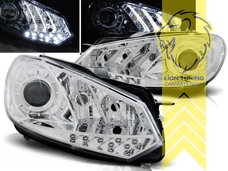 Halogen, chrom, Abblendlicht und Fernlicht in einer Linse H7, elektrisch verstellbar - Stellmotor integriert, Eintragungsfrei / mit E-Prüfzeichen, Eintragungsfrei / mit R87 Zulassung als Tagfahrlicht