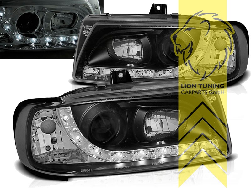 Halogen, schwarz, Abblendlicht H1 / Fernlicht H1, Blinkerbirnen BAU15S, manuell verstellbar, Eintragungsfrei / mit E-Prüfzeichen