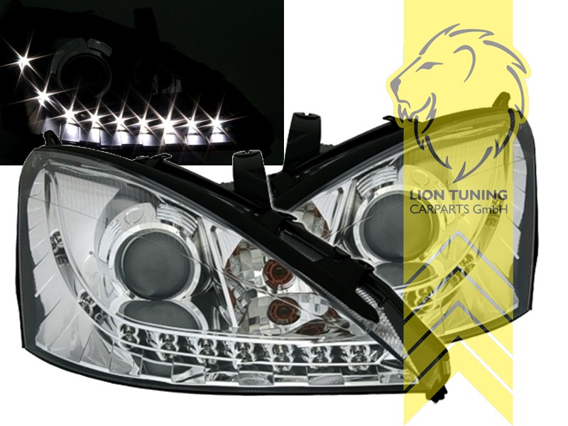 Halogen, chrom, Abblendlicht und Fernlicht in einer Linse H7, Blinkerbirnen BAU15S, elektrisch verstellbar - Stellmotor wird vom Original übernommen, Eintragungsfrei / mit E-Prüfzeichen