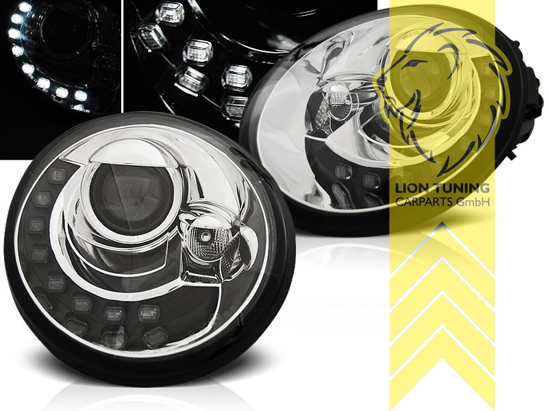 Halogen, chrom, Abblendlicht und Fernlicht in einer Linse H7, Blinkerbirnen BAU15S, elektrisch verstellbar - Stellmotor wird vom Original übernommen, Eintragungsfrei / mit E-Prüfzeichen