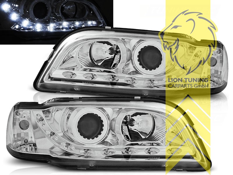 Halogen, chrom, Abblendlicht H1 / Fernlicht H1, elektrisch verstellbar - Stellmotor wird vom Original übernommen, Eintragungsfrei / mit E-Prüfzeichen