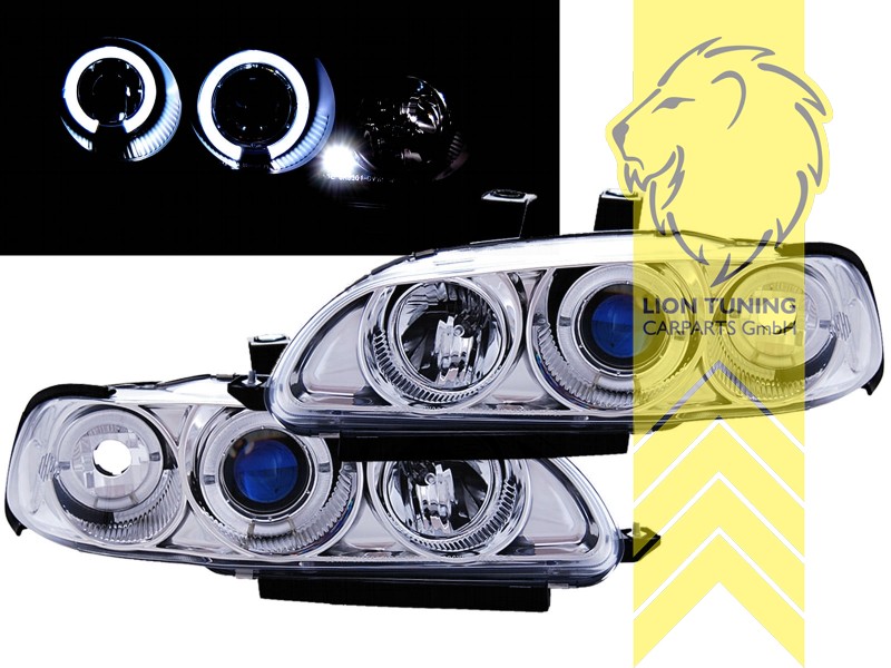 Halogen, chrom, weiß LED, nur für 4 Türer, Modell EG8, EG9, EH9, Abblendlicht H1 / Fernlicht H1, Blinkerbirnen BAU15S, manuell verstellbar, Eintragungsfrei / mit E-Prüfzeichen