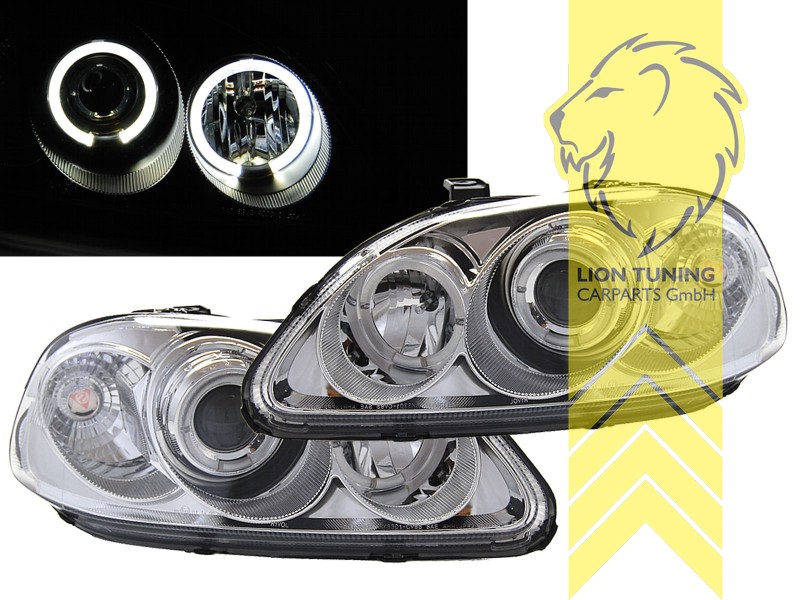 Halogen, chrom, weiß LED, passend für 2 / 3 und 4 Türer, Abblendlicht H1 / Fernlicht H1, Blinkerbirnen BAU15S, manuell verstellbar, EJ6, EJ7, EJ8, EJ9, EK1, EK2, EK3, EK4, Eintragungsfrei / mit E-Prüfzeichen