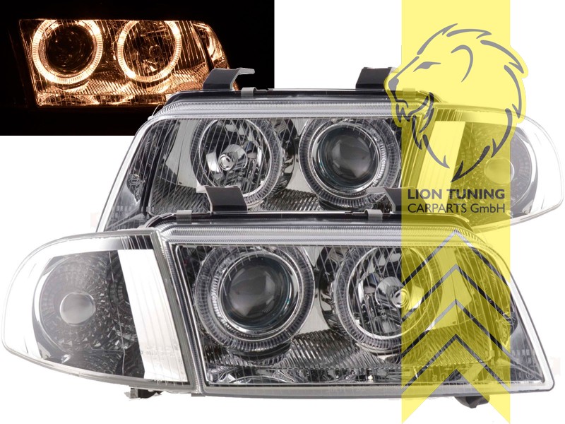 Halogen, chrom, gelb Halogen, Abblendlicht H7 / Fernlicht H7, Blinkerbirnen BAU15S, elektrisch verstellbar - Stellmotor wird vom Original übernommen, Eintragungsfrei / mit E-Prüfzeichen