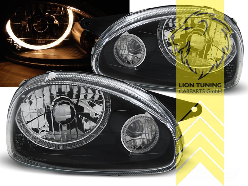 Halogen, schwarz, gelb Halogen, Abblendlicht und Fernlicht H4, Blinkerbirnen BAU15S, elektrisch verstellbar - Stellmotor wird vom Original übernommen, Eintragungsfrei / mit E-Prüfzeichen