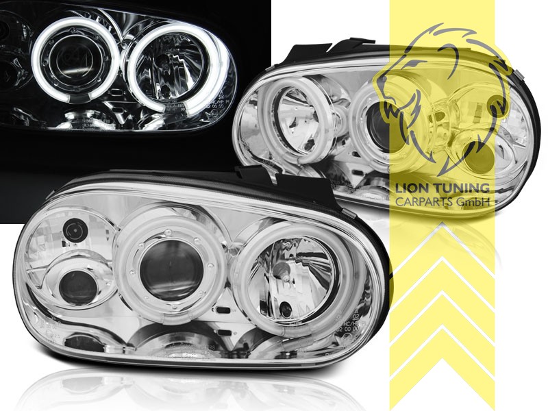 Halogen, chrom, weiß CCFL, Abblendlicht H1 / Fernlicht H1 / Nebelscheinwerfer H3, Blinkerbirnen BAU15S, elektrisch verstellbar - Stellmotor wird vom Original übernommen, Eintragungsfrei / mit E-Prüfzeichen