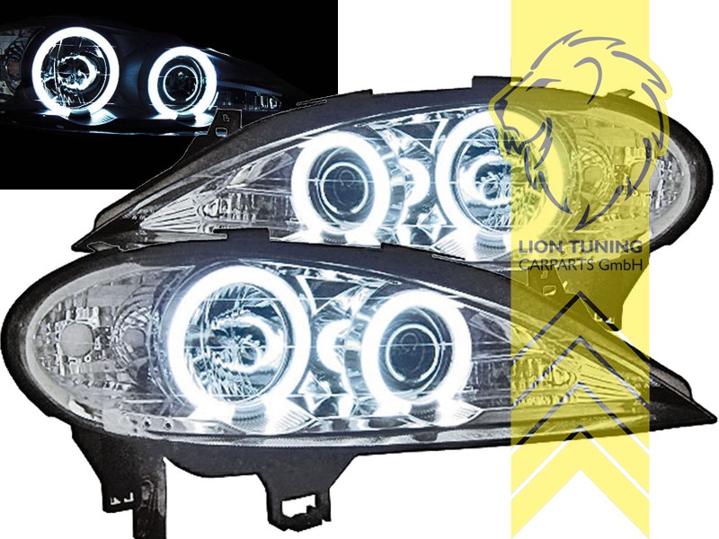 Halogen, chrom, weiß CCFL, Abblendlicht H1 / Fernlicht H1, Blinkerbirnen BAU15S, elektrisch verstellbar - Stellmotor wird vom Original übernommen, Nicht für Fahrzeuge mit PDC vorne geeignet, Eintragungsfrei / mit E-Prüfzeichen