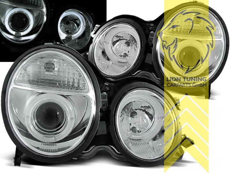 Halogen, chrom, weiß LED, Abblendlicht H7 / Fernlicht H1, elektrisch verstellbar - Stellmotor wird vom Original übernommen, Eintragungsfrei / mit E-Prüfzeichen