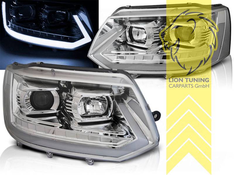 Liontuning - Tuningartikel für Ihr Auto  Lion Tuning Carparts GmbH  Scheinwerfer echtes TFL VW T5 Bus LED Tagfahrlicht chrom dynamischer Blinker