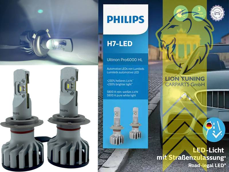 Philips H7 Adapter Typ P mit der Artikelnummer 29732 wird zusätzlich benötigt, LED, 5800K, nur zulässig für Scheinwerfer mit der Herstellernummer E1 3999 (diese finden Sie auf dem äußeren Glas des Scheinwerfers), Abblendlicht und Fernlicht in einer Linse H7, Eintragungsfrei / mit ABE