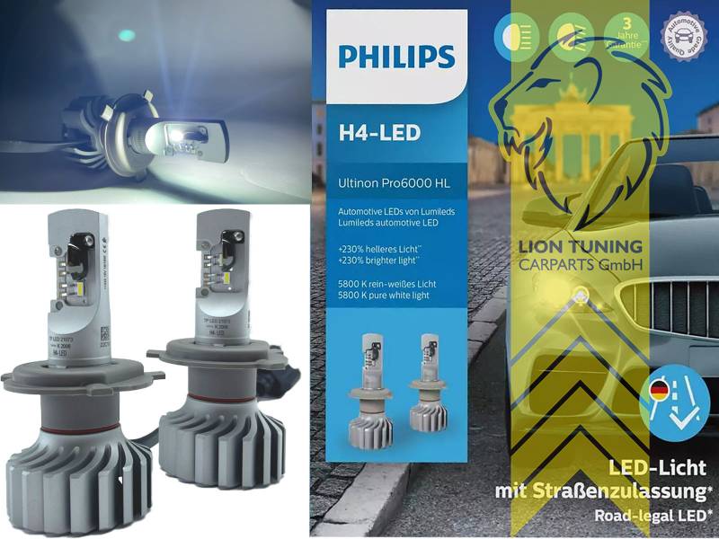 H4 LED PHILIPS 2x Auto-Lampe Ultinon Pro6000 12V Scheinwerfer Glühlampe  Birne passend für Mercedes W201 190E mit ABE!