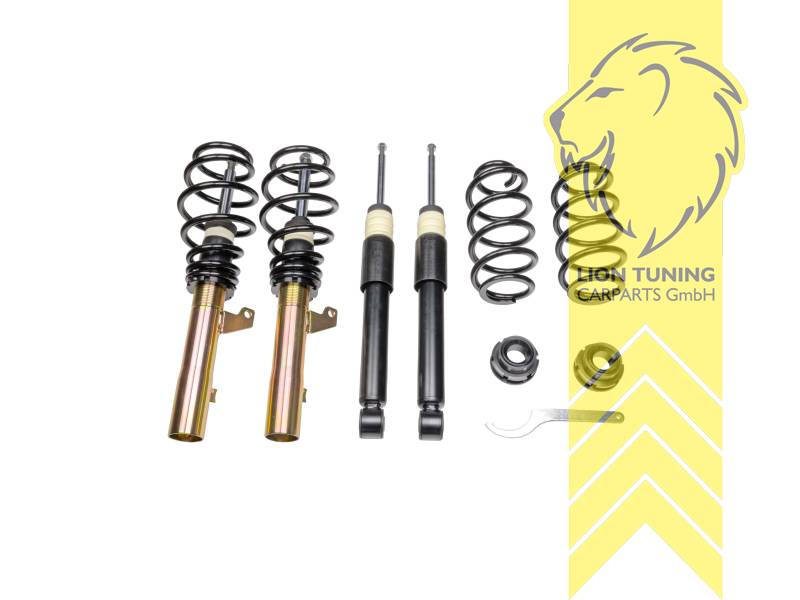 fest, Schwarz, Federbeinklemmdurchmesser VA 55mm, Bei Fahrzeugen mit werkseitiger Tieferlegung reduziert sich die angegebene Tieferlegungsrate um das Maß der werkseitigen Tieferlegung., Bei Fahrzeugen die mit elektronischer Dämpferregelung DCC ausgerüstet sind ist diese stillzulegen., Stahl verzinkt, Eintragungspflichtig / Teilegutachten liegt bei