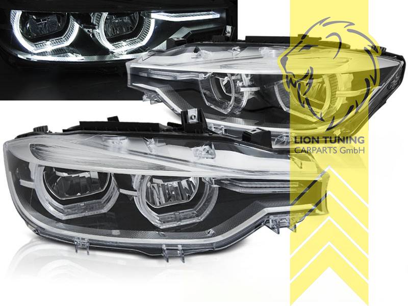 LED, mit LED Blinker, schwarz, nur passend für Fahrzeuge mit original Halogen Scheinwerfern, LED Abblendlicht / LED Fernlicht, elektrisch verstellbar - Stellmotor integriert, Eintragungsfrei / mit E-Prüfzeichen, Eintragungsfrei / mit R87 Zulassung als Tagfahrlicht