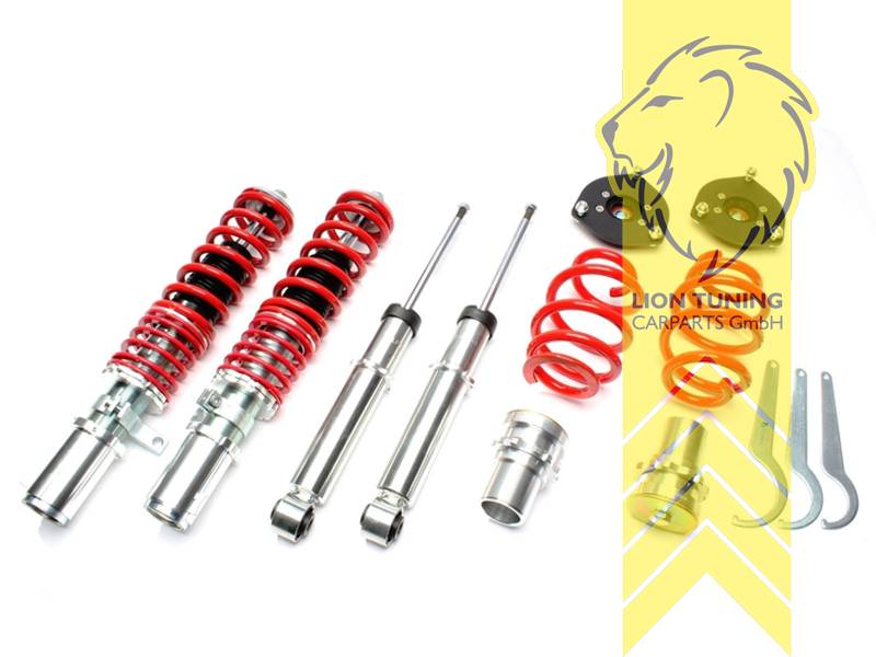 ohne Härteverstellung (feste Dämpferkennung), fest, rot, Hinterachsausführung: Mehrlenker (Einzelradaufhängung), inkl. Tieferlegungs - Domlager Set, Bei Einbau mit serienmäßigen Rad-/Reifenkombinationen sind evtl. Spurverbreiterungen erforderlich., passend für 50/55mm Federbeindurchmesser (Adapter liegt bei), Stahl verzinkt, Eintragungspflichtig / Teilegutachten liegt bei