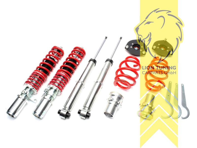 ohne Härteverstellung (feste Dämpferkennung), fest, rot, inkl. Tieferlegungs - Domlager Set, nur für Fahrzeuge mit Mehrlenker-Hinterachse, Bei Einbau mit serienmäßigen Rad-/Reifenkombinationen sind evtl. Spurverbreiterungen erforderlich., passend für 50/55mm Federbeindurchmesser (Adapter liegt bei), Stahl verzinkt, Eintragungspflichtig / Teilegutachten liegt bei