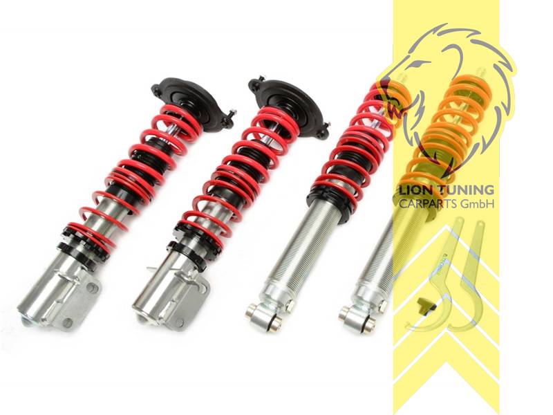 mit Härteverstellung (Druck und Zugstufe gleichzeitig), Zugstufe einstellbar, rot, Bei Einbau mit serienmäßigen Rad-/Reifenkombinationen sind evtl. Spurverbreiterungen erforderlich., inkl. verstärkter Domlager für die Vorderachse, Stahl verzinkt, Eintragungspflichtig / Teilegutachten liegt bei