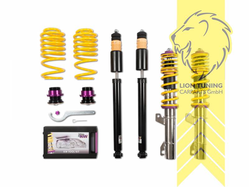 V1, gelb, Bei Einbau mit serienmäßigen Rad-/Reifenkombinationen sind evtl. Spurverbreiterungen erforderlich., Für eine Tieferlegung von mehr als 40 mm muss der Stabilisator umgerüstet werden., Bei Fahrzeugen mit einem Antriebswellendurchmesser (rechts) von mehr als 42 mm verringert sich die max. geprüfte Tieferlegung um 15 mm., Edelstahl, Eintragungspflichtig / Teilegutachten liegt bei