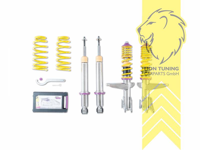 Zur Identifikation der Federbeine ist der Durchmesser der Befestigungsschraube des Federbeins am Achsschenkel zu messen. Mögliche Schraubendurchmesser M12 oder M14, V1, gelb, Bei Einbau mit serienmäßigen Rad-/Reifenkombinationen sind evtl. Spurverbreiterungen erforderlich., Für Fahrzeuge mit M14 Schraube am VA Federbein unten, Edelstahl, Eintragungspflichtig / Teilegutachten liegt bei