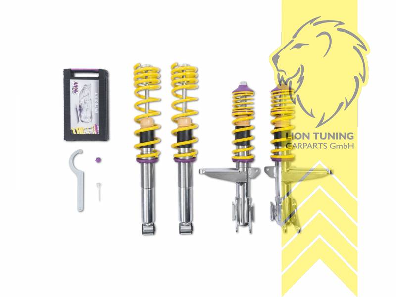Zur Identifikation der Federbeine ist der Durchmesser der Befestigungsschraube des Federbeins am Achsschenkel zu messen. Mögliche Schraubendurchmesser M12 oder M14, V1, gelb, Bei Einbau mit serienmäßigen Rad-/Reifenkombinationen sind evtl. Spurverbreiterungen erforderlich., Für Fahrzeuge mit M14 Schraube am VA Federbein unten, Edelstahl, Eintragungspflichtig / Teilegutachten liegt bei