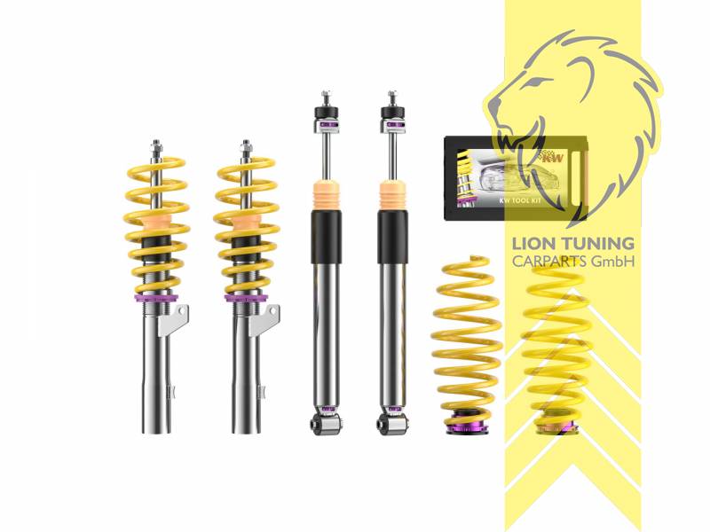 Nur für Fahrzeuge mit einem Klemmdurchmesser an der VA von 55mm., V3, gelb, Dämpfer verfügen über leicht zu bedienende Einstellräder. Bauartbedingt in der Zugstufe nur bei zugänglicher Kolbenstange., Elektronische Dämpferregelung muss stillgelegt werden. Elektroniksatz zur Stillegung ist im Lieferumfang enthalten., Edelstahl, Eintragungspflichtig / Teilegutachten liegt bei