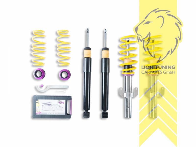 V1, gelb, Bei Fahrzeugen mit elektronischer Dämpferregelung muss diese stillgelegt werden. Fahrzeugspezifische KW Stilllegungssätze finden Sie in der Zubehörtabelle., Dämpfer verfügen über leicht zu bedienende Einstellräder. Bauartbedingt in der Zugstufe nur bei zugänglicher Kolbenstange., Edelstahl, Eintragungspflichtig / Teilegutachten liegt bei