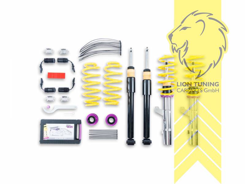 Nur für Fahrzeuge mit einem Klemmdurchmesser an der VA von 55mm., V2, gelb, Dämpfer verfügen über leicht zu bedienende Einstellräder. Bauartbedingt in der Zugstufe nur bei zugänglicher Kolbenstange., Elektronische Dämpferregelung muss stillgelegt werden. Elektroniksatz zur Stillegung ist im Lieferumfang enthalten., Edelstahl, Eintragungspflichtig / Teilegutachten liegt bei