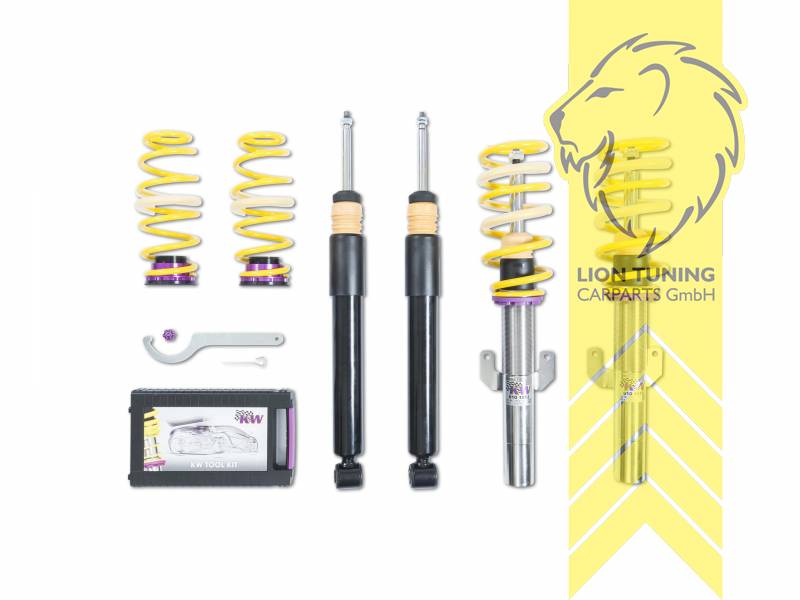 V2, gelb, Dämpfer verfügen über leicht zu bedienende Einstellräder. Bauartbedingt in der Zugstufe nur bei zugänglicher Kolbenstange., Bei Fahrzeugen mit elektronischer Dämpferregelung muss diese stillgelegt werden. Fahrzeugspezifische KW Stilllegungssätze finden Sie in der Zubehörtabelle., Edelstahl, Eintragungspflichtig / Teilegutachten liegt bei