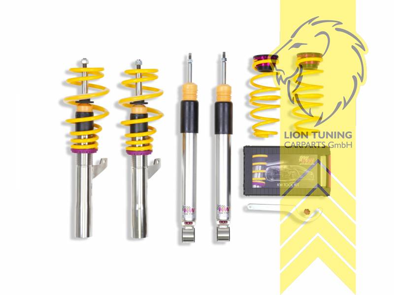 Nur für Fahrzeuge mit einem Klemmdurchmesser an der VA von 55mm., V3, gelb, Bei Fahrzeugen mit elektronischer Dämpferregelung muss diese stillgelegt werden. Fahrzeugspezifische KW Stilllegungssätze finden Sie in der Zubehörtabelle., Dämpfer verfügen über leicht zu bedienende Einstellräder. Bauartbedingt in der Zugstufe nur bei zugänglicher Kolbenstange., Um bei maximaler Tieferlegung die Mindesthöhe der vorderen Fahrtrichtungsanzeiger (350mm) bzw. des Tagfahrlichts (250mm) gemäß StVZO zu gewährleisten müssen diese gegebenenfalls entsprechend umgerüstet werden., Edelstahl, Eintragungspflichtig / Teilegutachten liegt bei