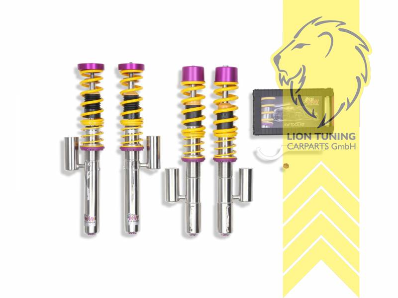 Bei Fahrzeugen mit PASM-Regelung muss die PASM-Regelung gemäß der Anleitung stillgelegt werden., V3, gelb, Bei Fahrzeugen mit elektronischer Dämpferregelung muss diese stillgelegt werden. Fahrzeugspezifische KW Stilllegungssätze finden Sie in der Zubehörtabelle., Edelstahl, Eintragungspflichtig / Teilegutachten liegt bei