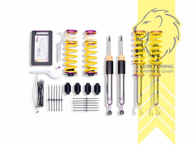 V3, gelb, Elektronische Dämpferregelung muss stillgelegt werden. Elektroniksatz zur Stillegung ist im Lieferumfang enthalten., Variante 4 Federbeine / Dämpfer aus Aluminium bzw. achsweise kombiniert aus Aluminium und Edelstahl, Bei erhöhten Rad-Sturz Werten an der Vorderachse empfehlen wir bei den ausgewiesenen Fahrzeugen ( - siehe KW Zubehör - ) die stufenlos einstellbare Sturzkorrektur, Edelstahl, Eintragungspflichtig / Teilegutachten liegt bei