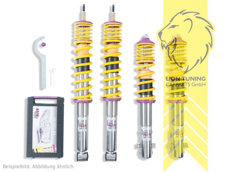 V2, gelb, Bei Variante 2 oder Variante 3 Härteverstellung auch an der VA nur im ausgebauten Zustand möglich !, Bei Fahrzeugen mit elektronischer Dämpferregelung muss diese stillgelegt werden. Fahrzeugspezifische KW Stilllegungssätze finden Sie in der Zubehörtabelle., Dämpfer verfügen über leicht zu bedienende Einstellräder. Bauartbedingt in der Zugstufe nur bei zugänglicher Kolbenstange., Edelstahl, Eintragungspflichtig / Teilegutachten liegt bei