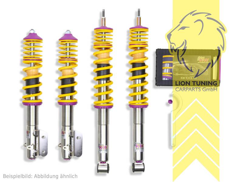 V3, gelb, Bei Einbau mit serienmäßigen Rad-/Reifenkombinationen sind evtl. Spurverbreiterungen erforderlich., Dämpfer verfügen über leicht zu bedienende Einstellräder. Bauartbedingt in der Zugstufe nur bei zugänglicher Kolbenstange., Edelstahl, Eintragungspflichtig / Teilegutachten liegt bei