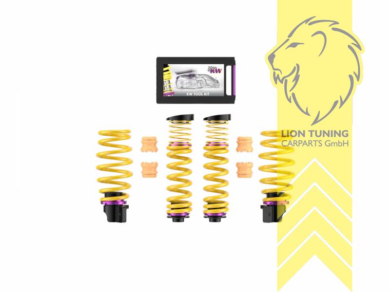 gelb, Bei Einbau mit serienmäßigen Rad-/Reifenkombinationen sind evtl. Spurverbreiterungen erforderlich., VA   HA höhenverstellbar (Federnsatz bestehend aus VA HA Federn mit Höhenverstellung, kann ausschließlich mit Seriendämpfern verwendet werden), Chrom-Silizium-Stahl, Eintragungspflichtig / Teilegutachten liegt bei