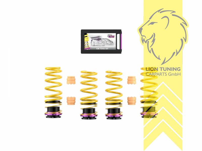 gelb, VA   HA höhenverstellbar (Federnsatz bestehend aus VA HA Federn mit Höhenverstellung, kann ausschließlich mit Seriendämpfern verwendet werden), nicht passend für Luftfederung und Niveauregulierung, Chrom-Silizium-Stahl, Eintragungspflichtig / Teilegutachten liegt bei