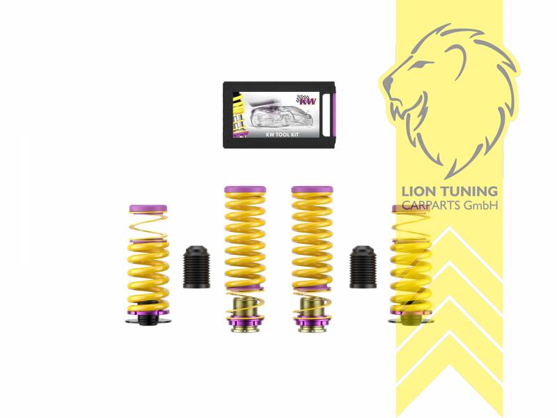 gelb, Bei erhöhten Rad-Sturz Werten an der Vorderachse empfehlen wir bei den ausgewiesenen Fahrzeugen ( - siehe KW Zubehör - ) die stufenlos einstellbare Sturzkorrektur, VA   HA höhenverstellbar (Federnsatz bestehend aus VA HA Federn mit Höhenverstellung, kann ausschließlich mit Seriendämpfern verwendet werden), Chrom-Silizium-Stahl, Eintragungspflichtig / Teilegutachten liegt bei